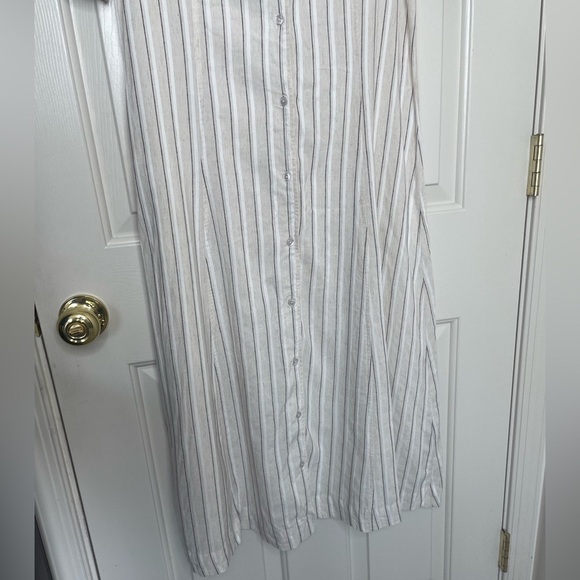 ICHI Striped Button Down Maxi Dress Linen Blend Look V-Neck Short Sleeve Neutral - Picture 4 of 15